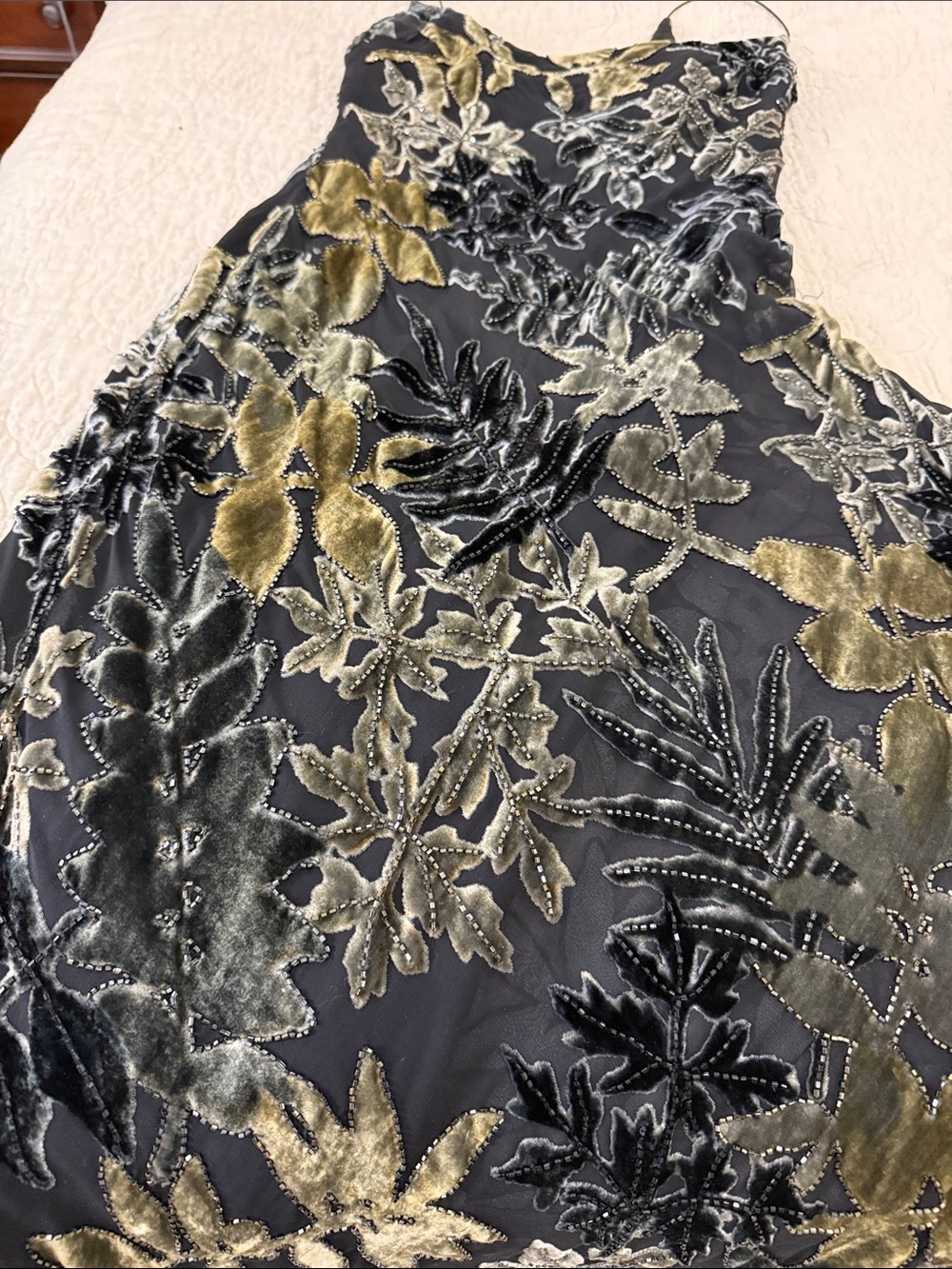 Carmen Marc Valvo Black Gown with black and olive Velvet Floral beaded sz 6
